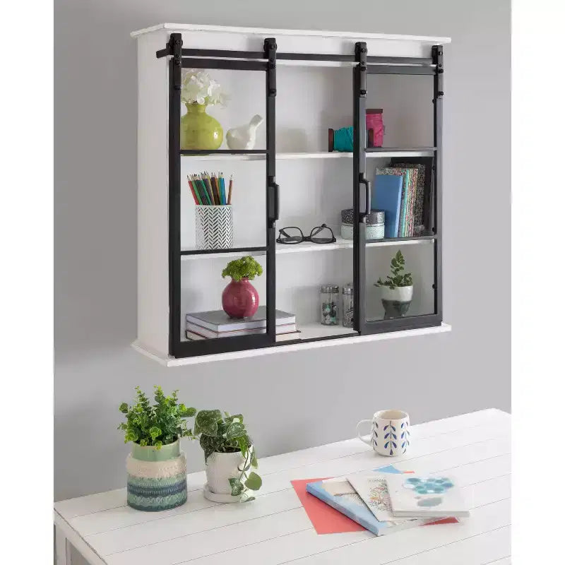 Kate & Laurel All Things Decor 30" x 28" Barnhardt Decorative Wooden Wall Cabinet with 2 Sliding Glass Doors White: 3-Tier Storage