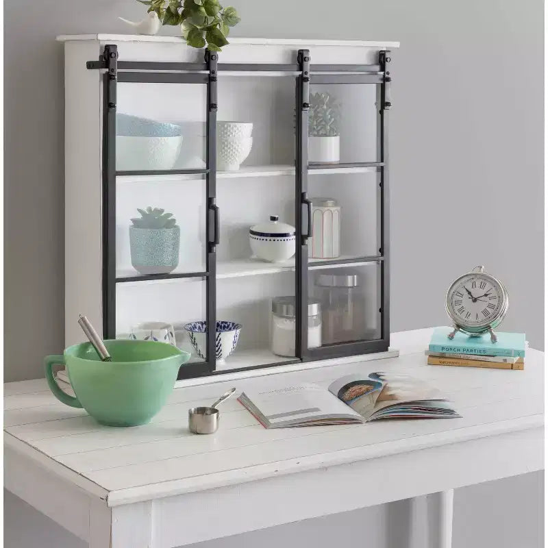 Kate & Laurel All Things Decor 30" x 28" Barnhardt Decorative Wooden Wall Cabinet with 2 Sliding Glass Doors White: 3-Tier Storage