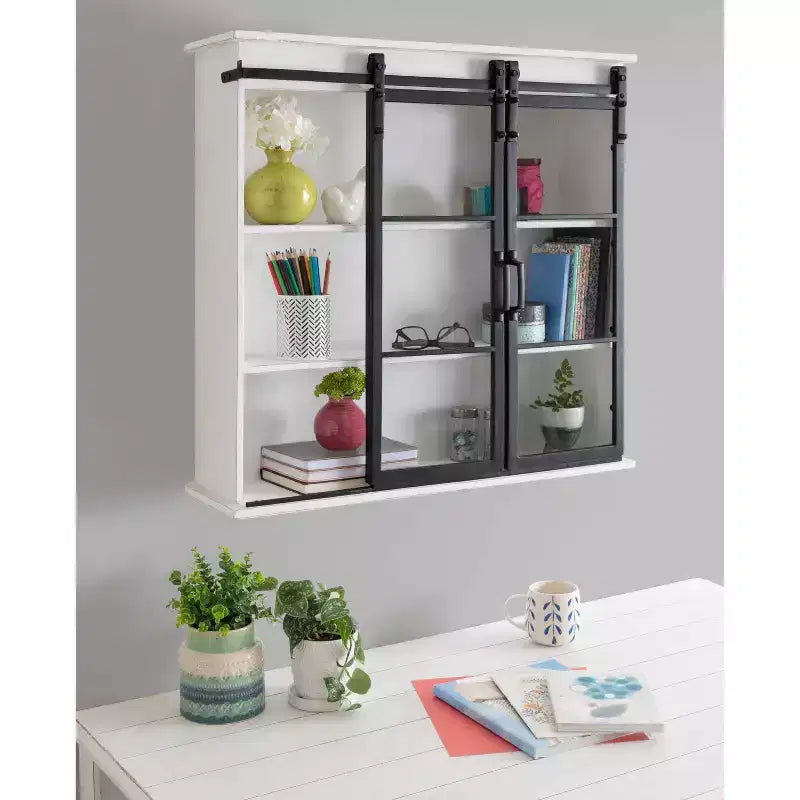 Kate & Laurel All Things Decor 30" x 28" Barnhardt Decorative Wooden Wall Cabinet with 2 Sliding Glass Doors White: 3-Tier Storage