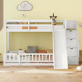 MAYEERTY Twin Over Full Bed with Slide Storage Staircase, Pine Solid Wooden Bunk Bed with Safety Guardrails White