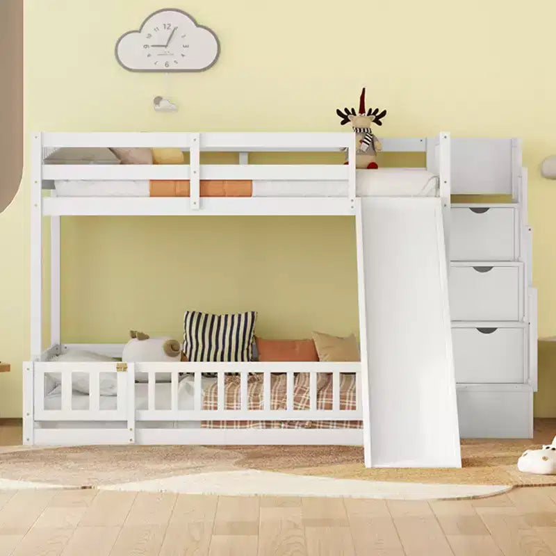 MAYEERTY Twin Over Full Bed with Slide Storage Staircase, Pine Solid Wooden Bunk Bed with Safety Guardrails White
