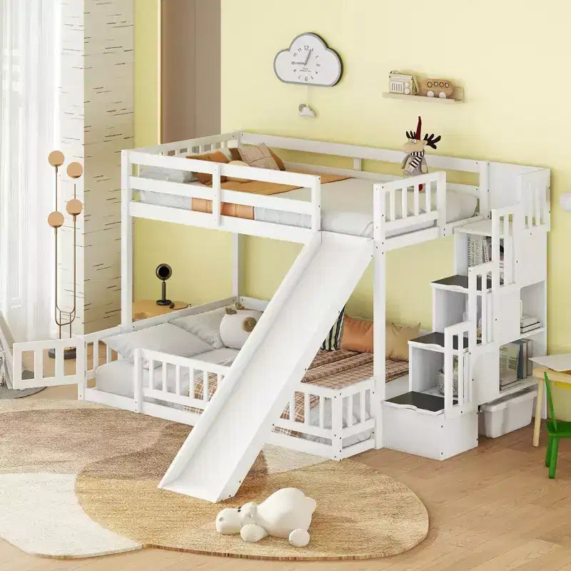 MAYEERTY Twin Over Full Bed with Slide Storage Staircase, Pine Solid Wooden Bunk Bed with Safety Guardrails White