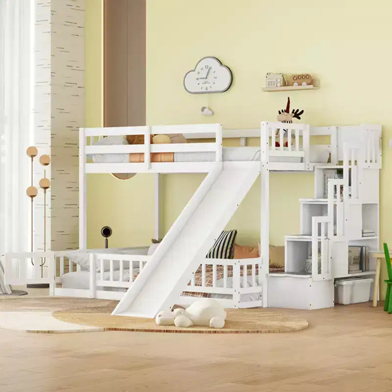 MAYEERTY Twin Over Full Bed with Slide Storage Staircase, Pine Solid Wooden Bunk Bed with Safety Guardrails White
