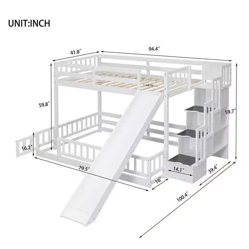 MAYEERTY Twin Over Full Bed with Slide Storage Staircase, Pine Solid Wooden Bunk Bed with Safety Guardrails White