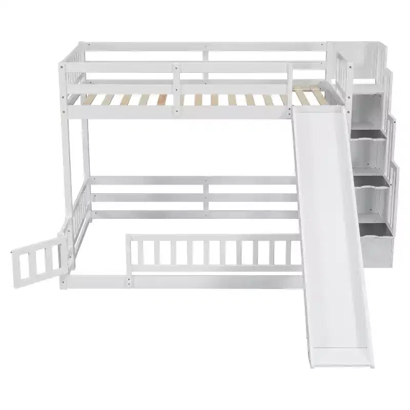 MAYEERTY Twin Over Full Bed with Slide Storage Staircase, Pine Solid Wooden Bunk Bed with Safety Guardrails White