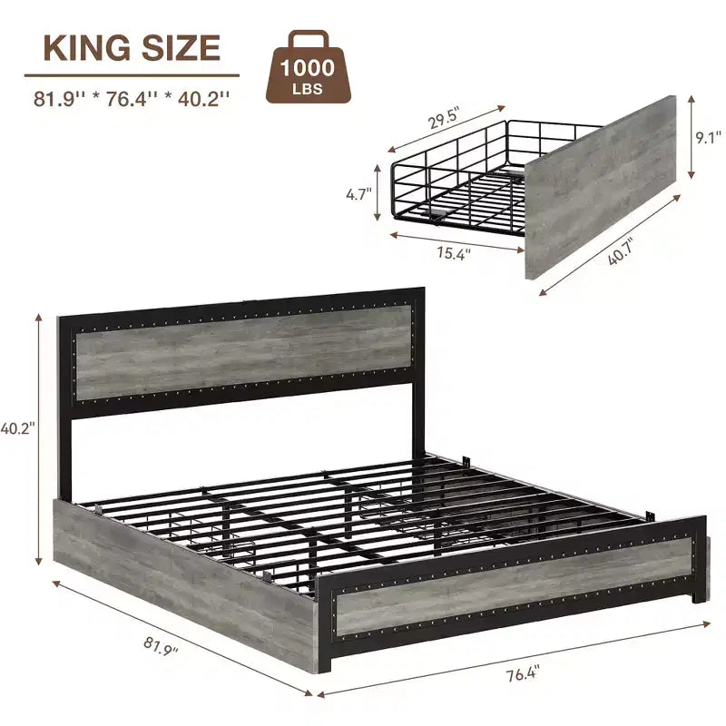 COZONY Platform Bed with 4 Storage Drawers, Charging Station Riveted Headboard No Box Spring