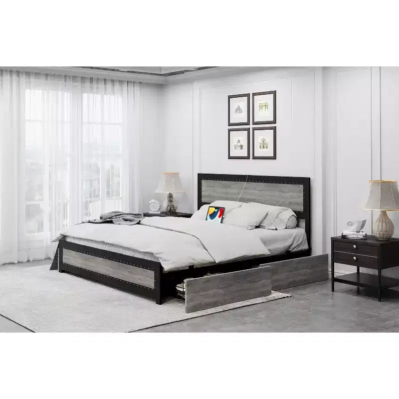 COZONY Platform Bed with 4 Storage Drawers, Charging Station Riveted Headboard No Box Spring