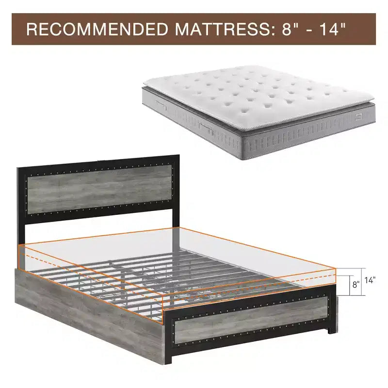 COZONY Platform Bed with 4 Storage Drawers, Charging Station Riveted Headboard No Box Spring