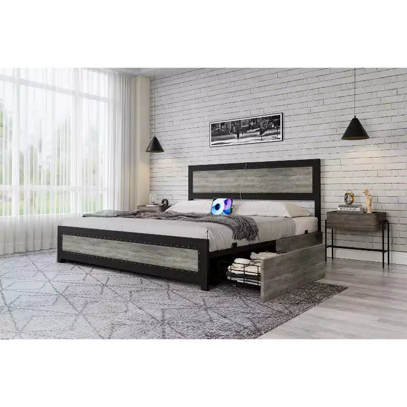 COZONY Platform Bed with 4 Storage Drawers, Charging Station Riveted Headboard No Box Spring