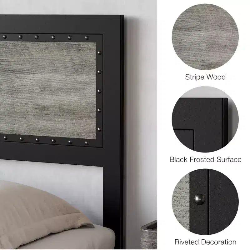 COZONY Platform Bed with 4 Storage Drawers, Charging Station Riveted Headboard No Box Spring