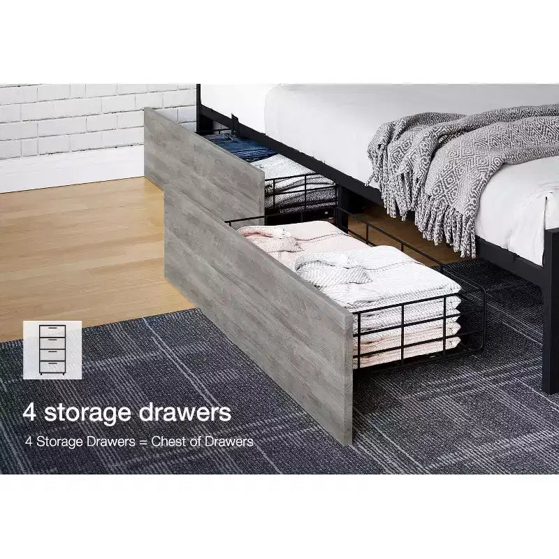 COZONY Platform Bed with 4 Storage Drawers, Charging Station Riveted Headboard No Box Spring