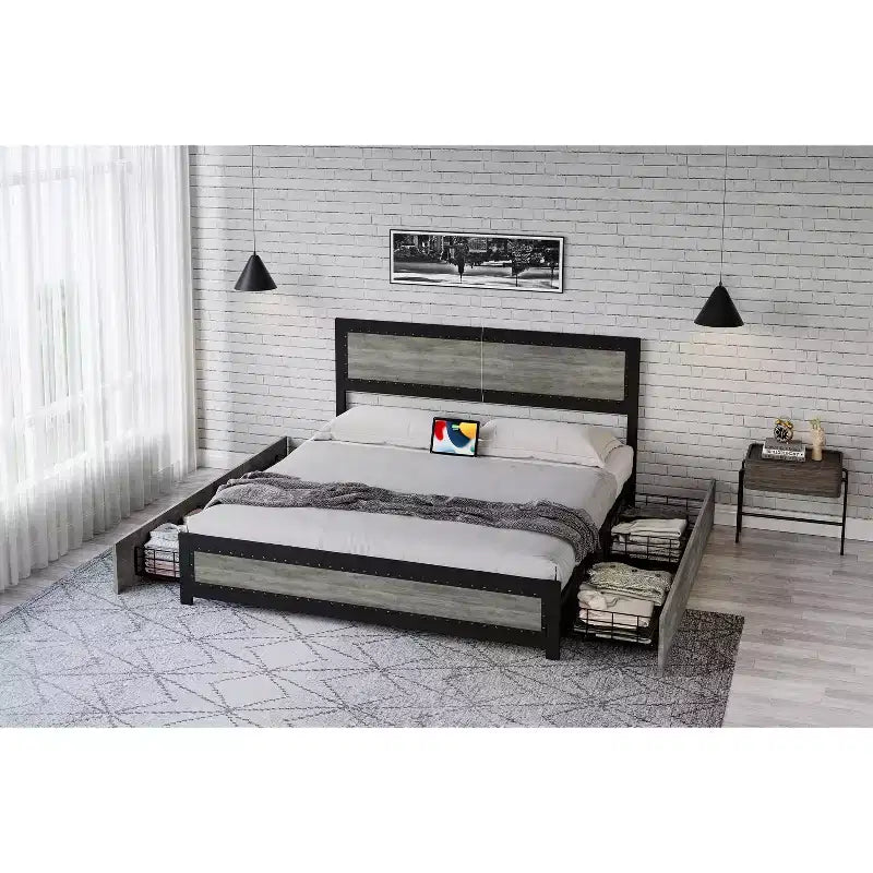 COZONY Platform Bed with 4 Storage Drawers, Charging Station Riveted Headboard No Box Spring