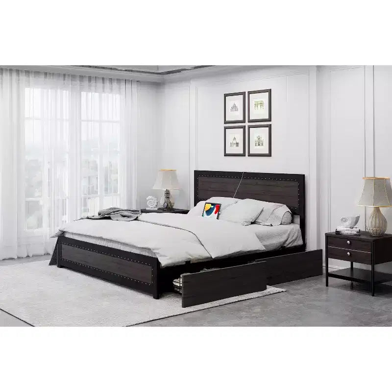 COZONY Platform Bed with 4 Storage Drawers, Charging Station Riveted Headboard No Box Spring