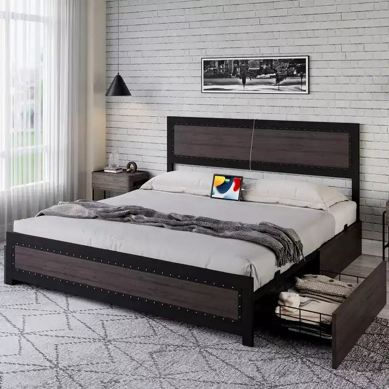 COZONY Platform Bed with 4 Storage Drawers, Charging Station Riveted Headboard No Box Spring