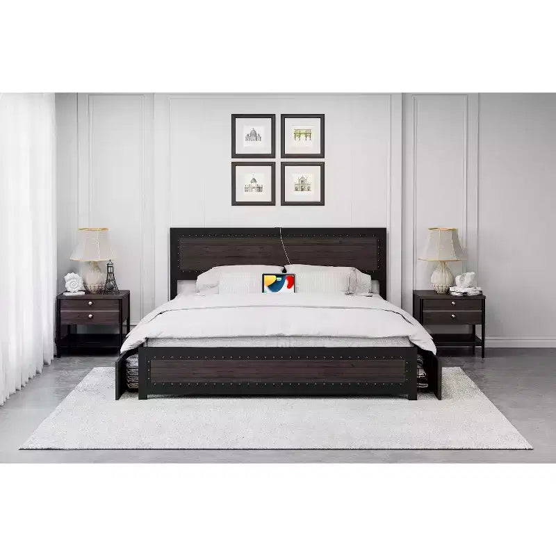 COZONY Platform Bed with 4 Storage Drawers, Charging Station Riveted Headboard No Box Spring