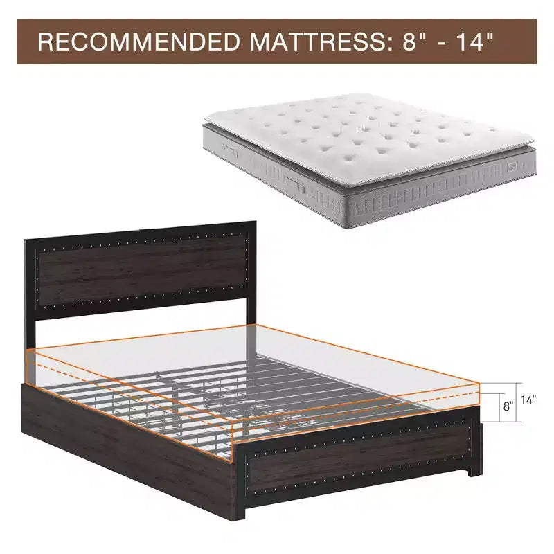 COZONY Platform Bed with 4 Storage Drawers, Charging Station Riveted Headboard No Box Spring