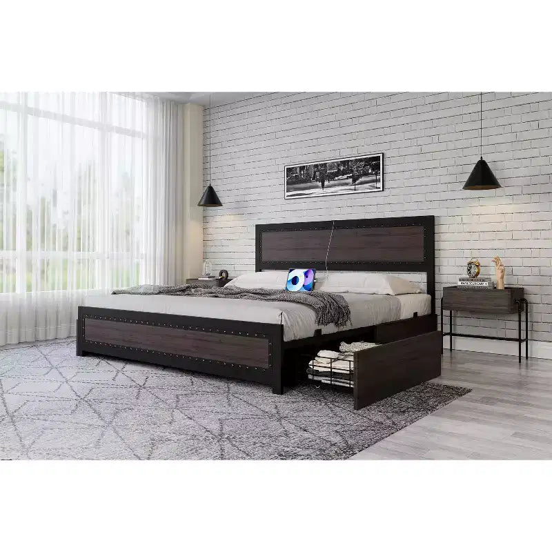 COZONY Platform Bed with 4 Storage Drawers, Charging Station Riveted Headboard No Box Spring