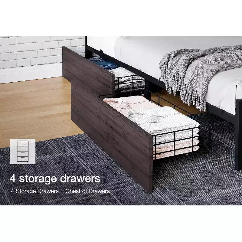COZONY Platform Bed with 4 Storage Drawers, Charging Station Riveted Headboard No Box Spring