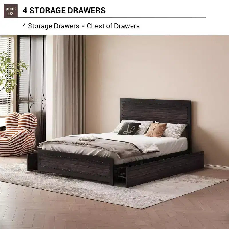 COZONY Platform Bed with 4 Storage Drawers, Charging Station Riveted Headboard No Box Spring