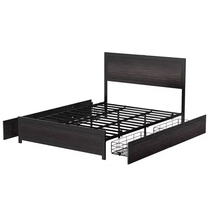 COZONY Platform Bed with 4 Storage Drawers, Charging Station Riveted Headboard No Box Spring