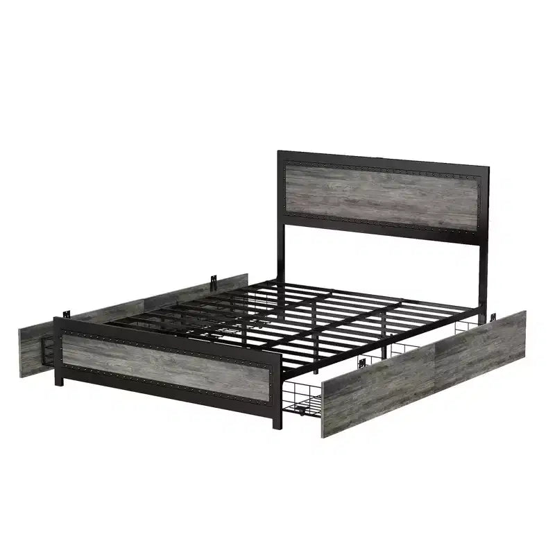 COZONY Platform Bed with 4 Storage Drawers, Charging Station Riveted Headboard No Box Spring