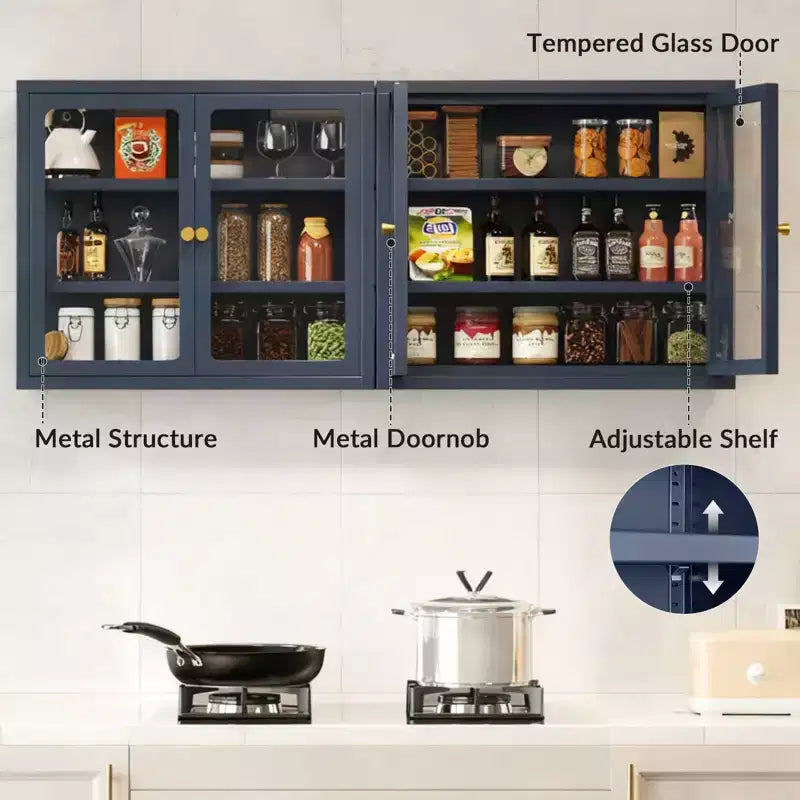 Bekrvio Wall Mounted Display Cabinet with Glass Doors, Adjustable Shelves, Steel Frame Storage Cabinet for Bathroom, Kitchen or Living Room