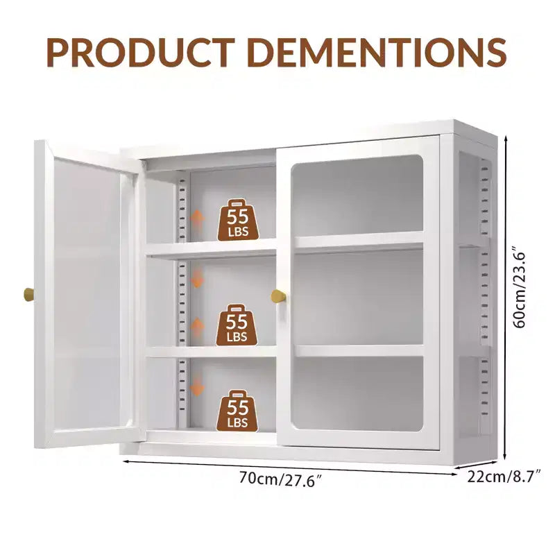 Bekrvio Wall Mounted Display Cabinet with Glass Doors, Adjustable Shelves, Steel Frame Storage Cabinet for Bathroom, Kitchen or Living Room