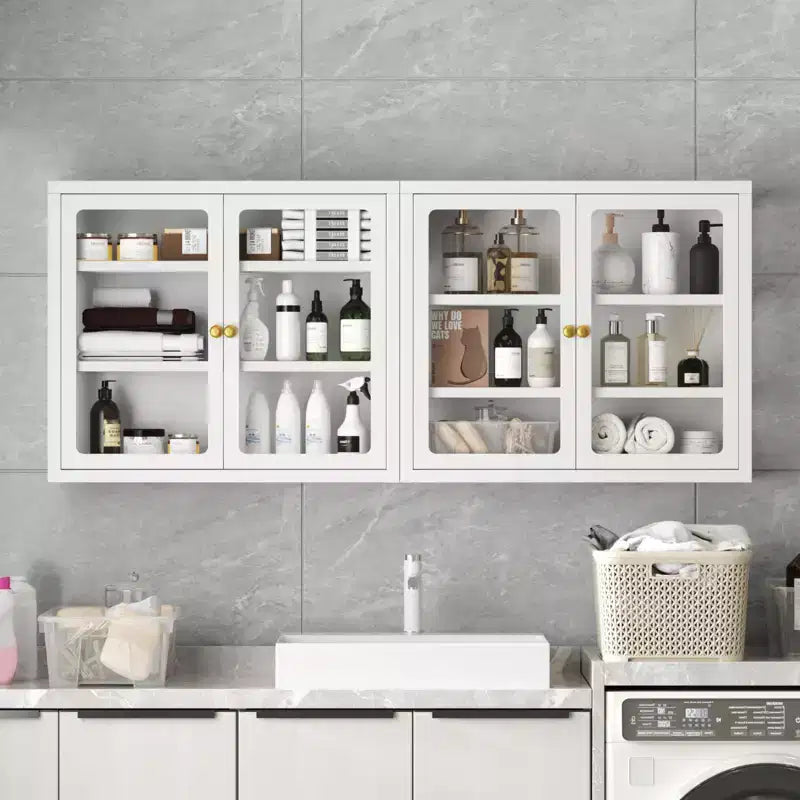 Bekrvio Wall Mounted Display Cabinet with Glass Doors, Adjustable Shelves, Steel Frame Storage Cabinet for Bathroom, Kitchen or Living Room