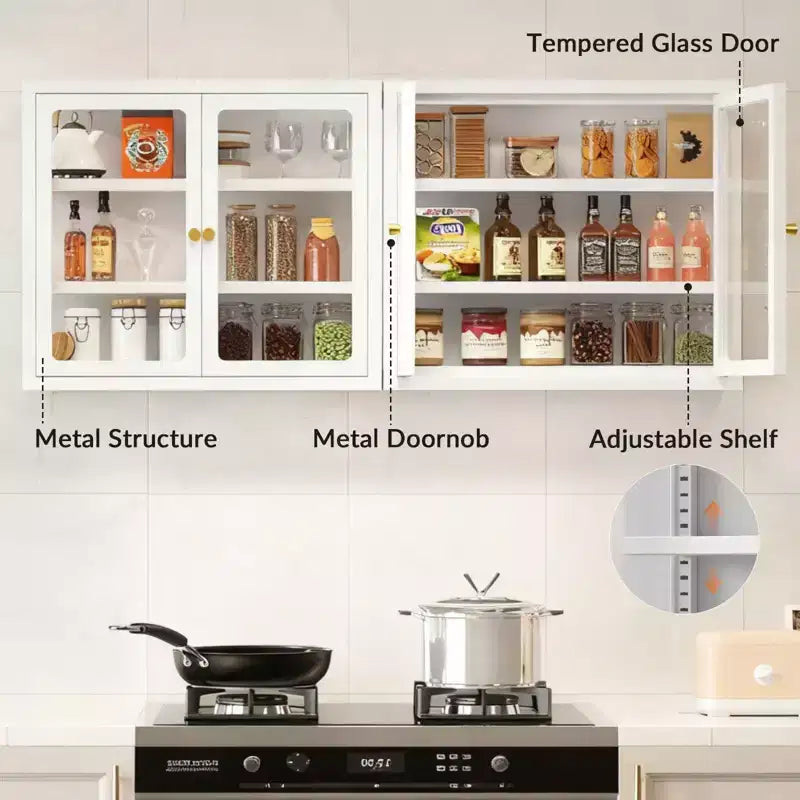 Bekrvio Wall Mounted Display Cabinet with Glass Doors, Adjustable Shelves, Steel Frame Storage Cabinet for Bathroom, Kitchen or Living Room