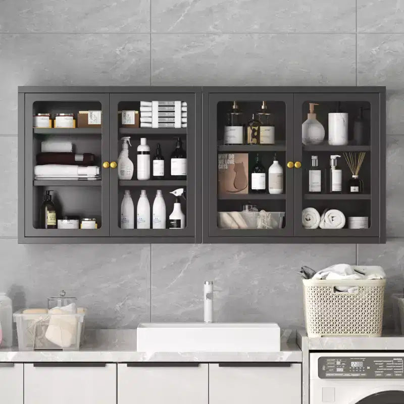 Bekrvio Wall Mounted Display Cabinet with Glass Doors, Adjustable Shelves, Steel Frame Storage Cabinet for Bathroom, Kitchen or Living Room