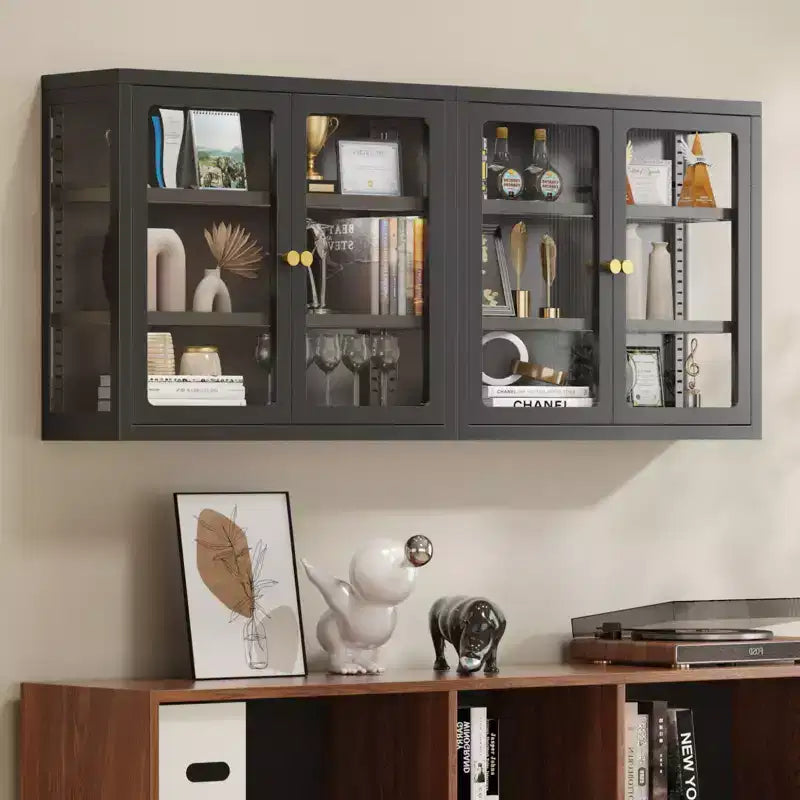 Bekrvio Wall Mounted Display Cabinet with Glass Doors, Adjustable Shelves, Steel Frame Storage Cabinet for Bathroom, Kitchen or Living Room
