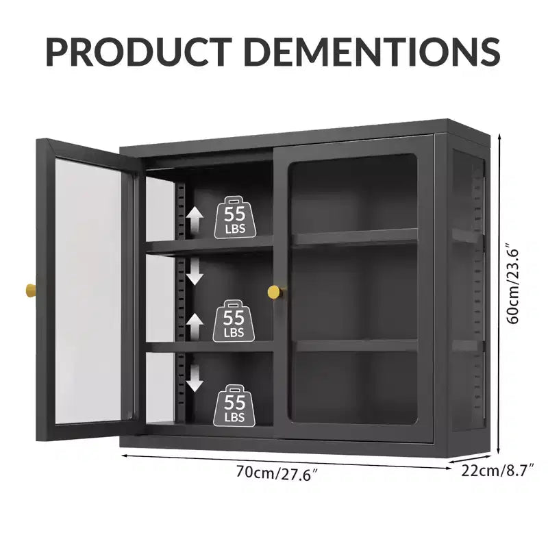 Bekrvio Wall Mounted Display Cabinet with Glass Doors, Adjustable Shelves, Steel Frame Storage Cabinet for Bathroom, Kitchen or Living Room