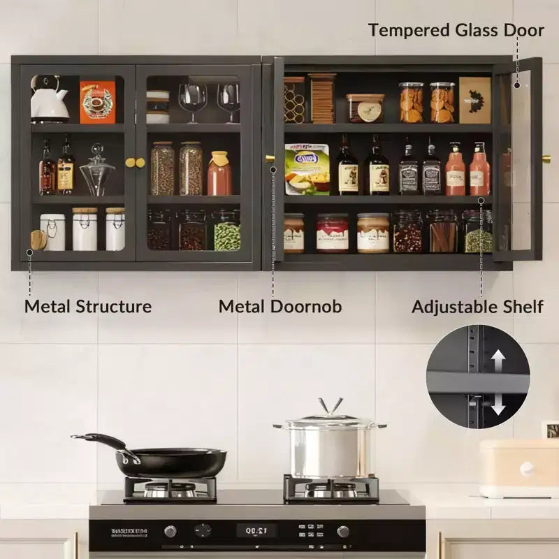 Bekrvio Wall Mounted Display Cabinet with Glass Doors, Adjustable Shelves, Steel Frame Storage Cabinet for Bathroom, Kitchen or Living Room