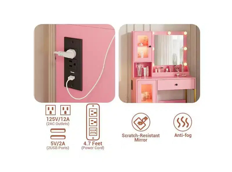 Makeup Vanity Desk with Mirror and Lights, Vanity Table with Charging Station, RGB Lights Wood Dressing Table for Bedroom, for Girls