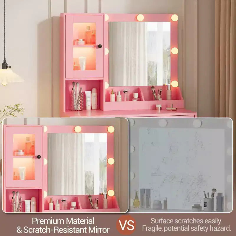 Makeup Vanity Desk with Mirror and Lights, Vanity Table with Charging Station, RGB Lights Wood Dressing Table for Bedroom, for Girls