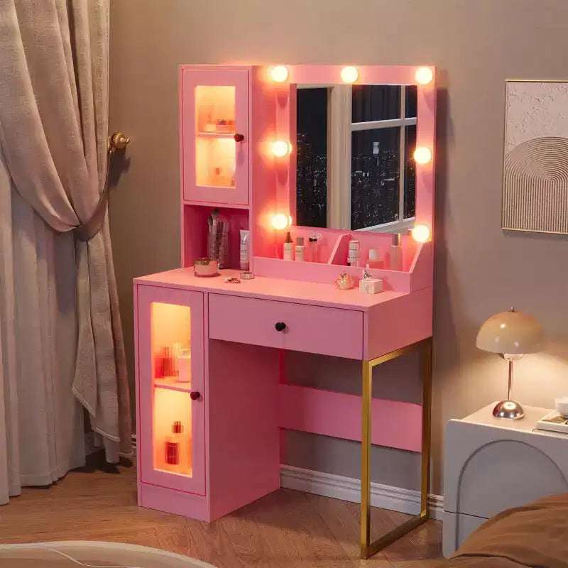 Makeup Vanity Desk with Mirror and Lights, Vanity Table with Charging Station, RGB Lights Wood Dressing Table for Bedroom, for Girls
