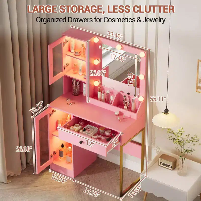 Makeup Vanity Desk with Mirror and Lights, Vanity Table with Charging Station, RGB Lights Wood Dressing Table for Bedroom, for Girls