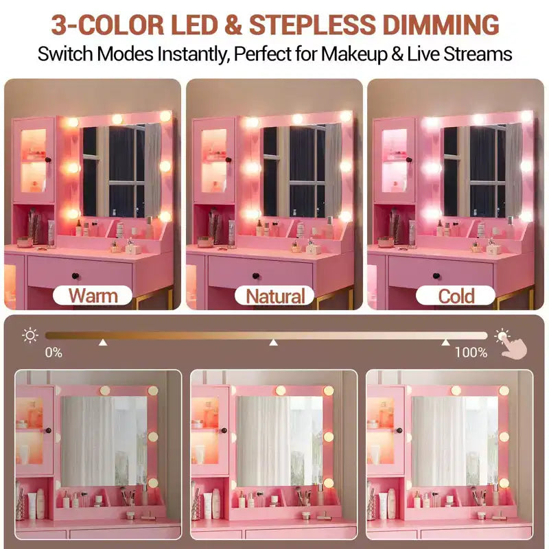 Makeup Vanity Desk with Mirror and Lights, Vanity Table with Charging Station, RGB Lights Wood Dressing Table for Bedroom, for Girls