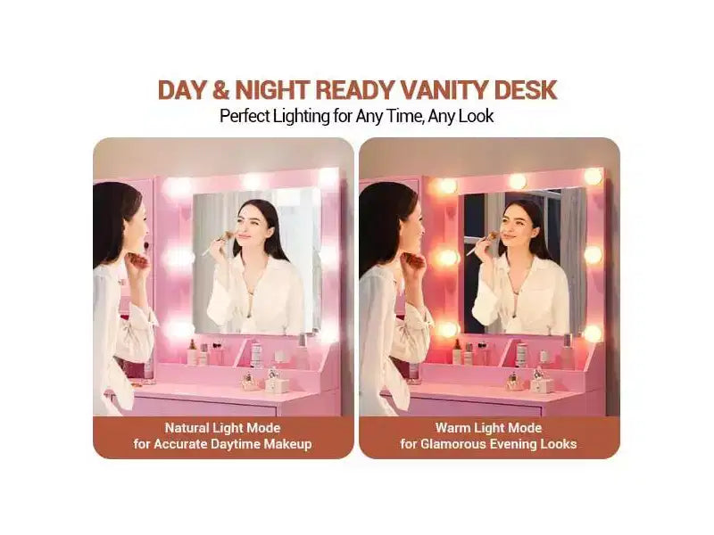 Makeup Vanity Desk with Mirror and Lights, Vanity Table with Charging Station, RGB Lights Wood Dressing Table for Bedroom, for Girls
