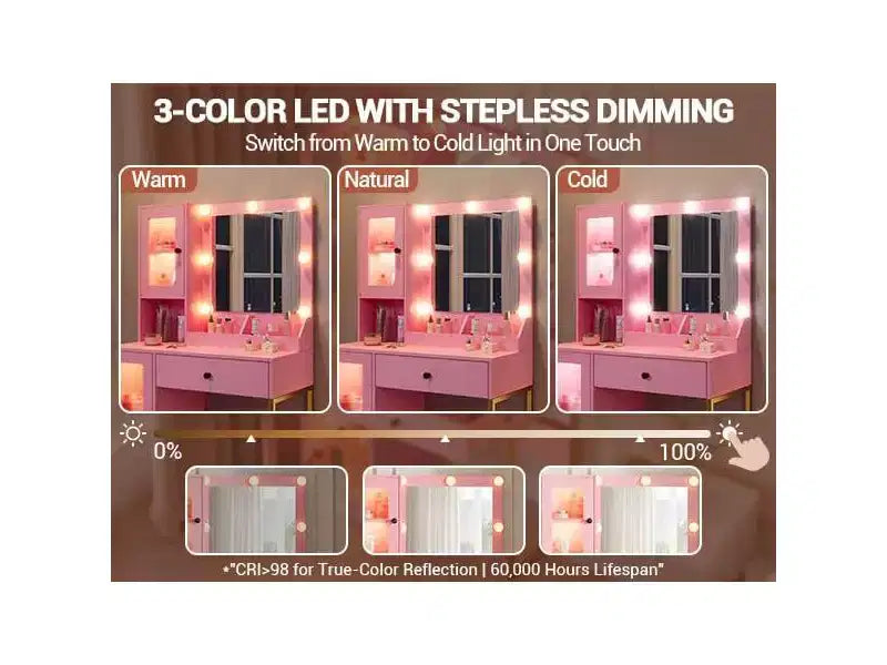 Makeup Vanity Desk with Mirror and Lights, Vanity Table with Charging Station, RGB Lights Wood Dressing Table for Bedroom, for Girls