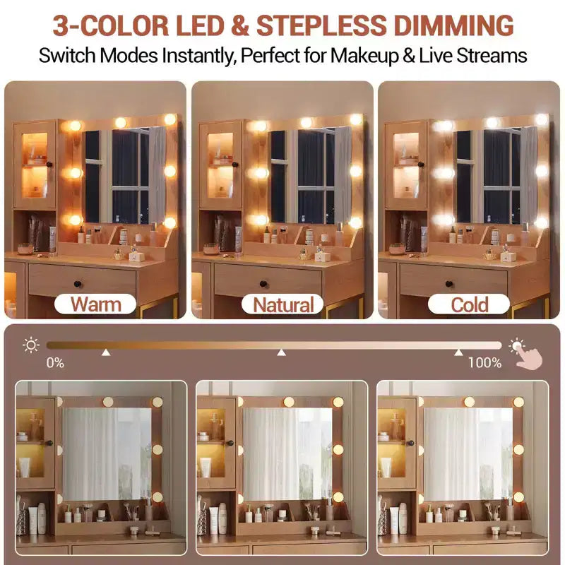 Makeup Vanity Desk with Mirror and Lights, Vanity Table with Charging Station, RGB Lights Wood Dressing Table for Bedroom, for Girls