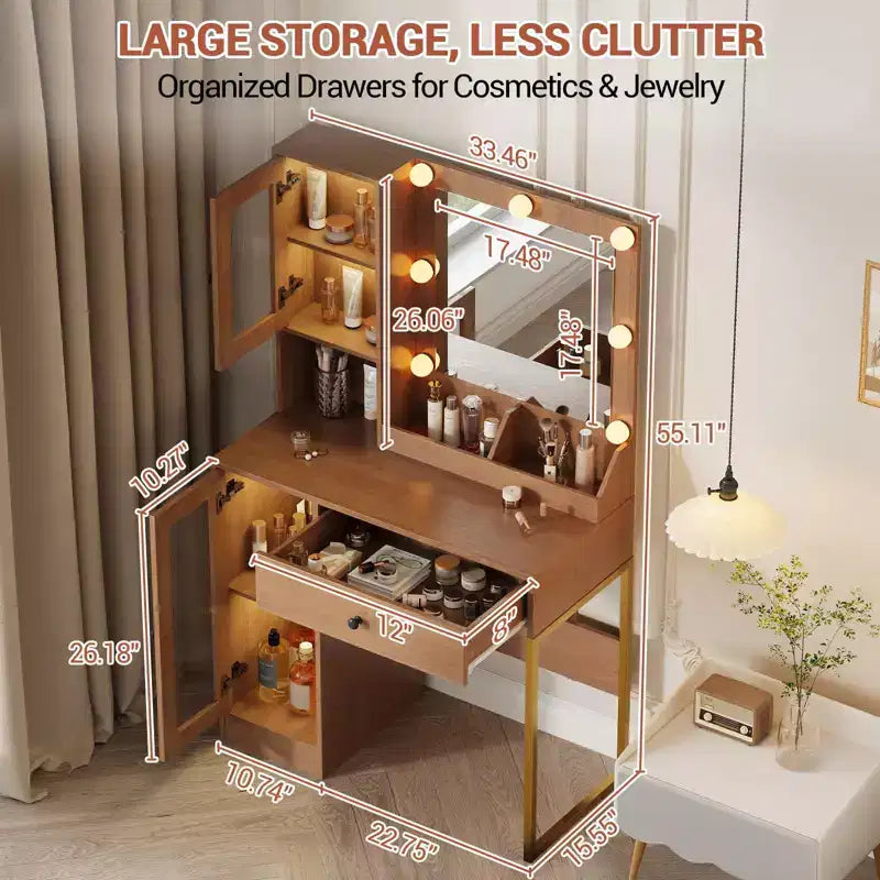Makeup Vanity Desk with Mirror and Lights, Vanity Table with Charging Station, RGB Lights Wood Dressing Table for Bedroom, for Girls