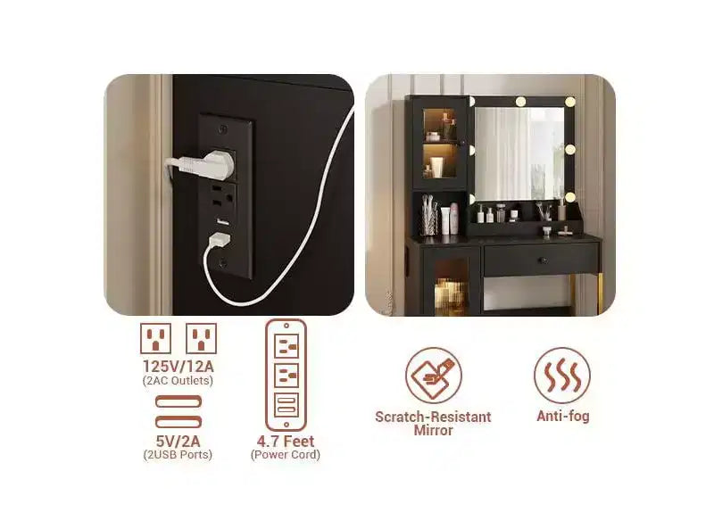Makeup Vanity Desk with Mirror and Lights, Vanity Table with Charging Station, RGB Lights Wood Dressing Table for Bedroom, for Girls