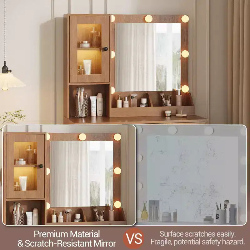 Makeup Vanity Desk with Mirror and Lights, Vanity Table with Charging Station, RGB Lights Wood Dressing Table for Bedroom, for Girls