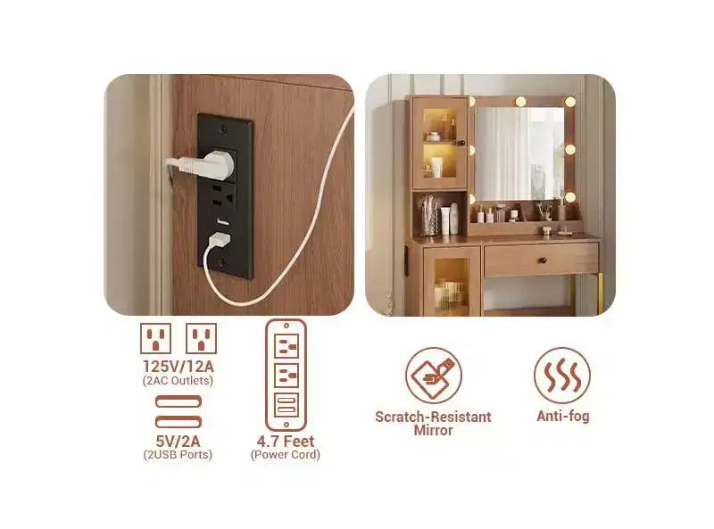 Makeup Vanity Desk with Mirror and Lights, Vanity Table with Charging Station, RGB Lights Wood Dressing Table for Bedroom, for Girls