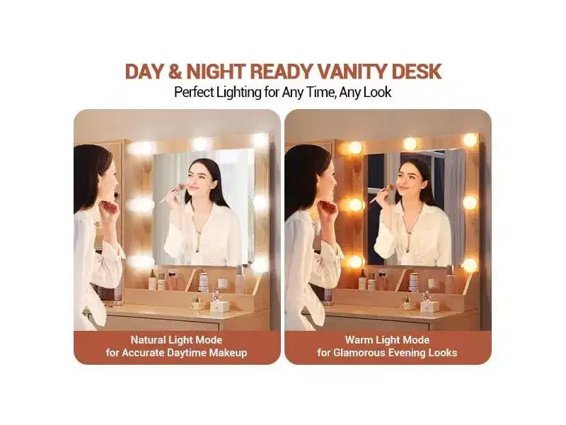 Makeup Vanity Desk with Mirror and Lights, Vanity Table with Charging Station, RGB Lights Wood Dressing Table for Bedroom, for Girls