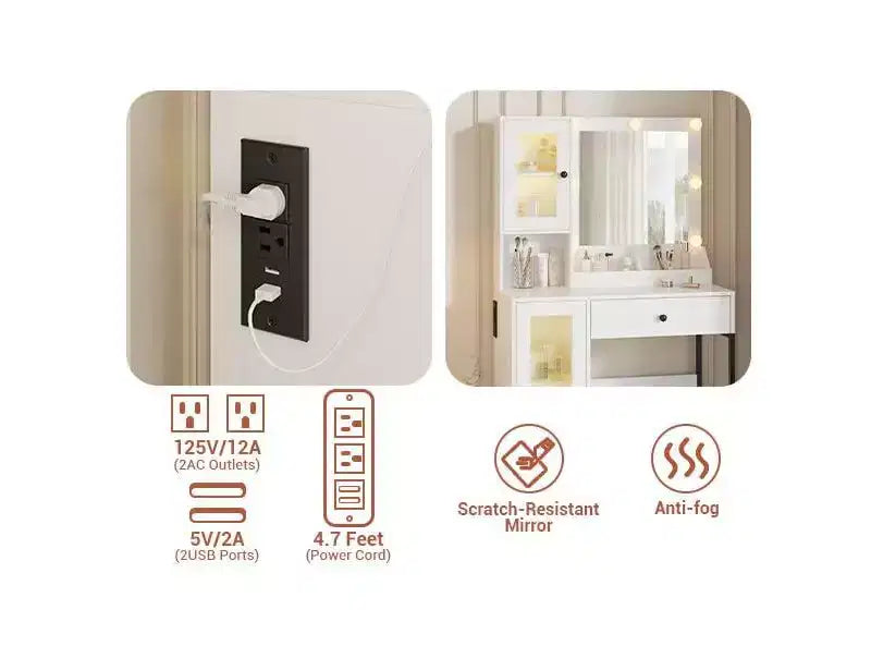 Makeup Vanity Desk with Mirror and Lights, Vanity Table with Charging Station, RGB Lights Wood Dressing Table for Bedroom, for Girls