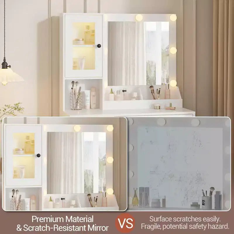 Makeup Vanity Desk with Mirror and Lights, Vanity Table with Charging Station, RGB Lights Wood Dressing Table for Bedroom, for Girls