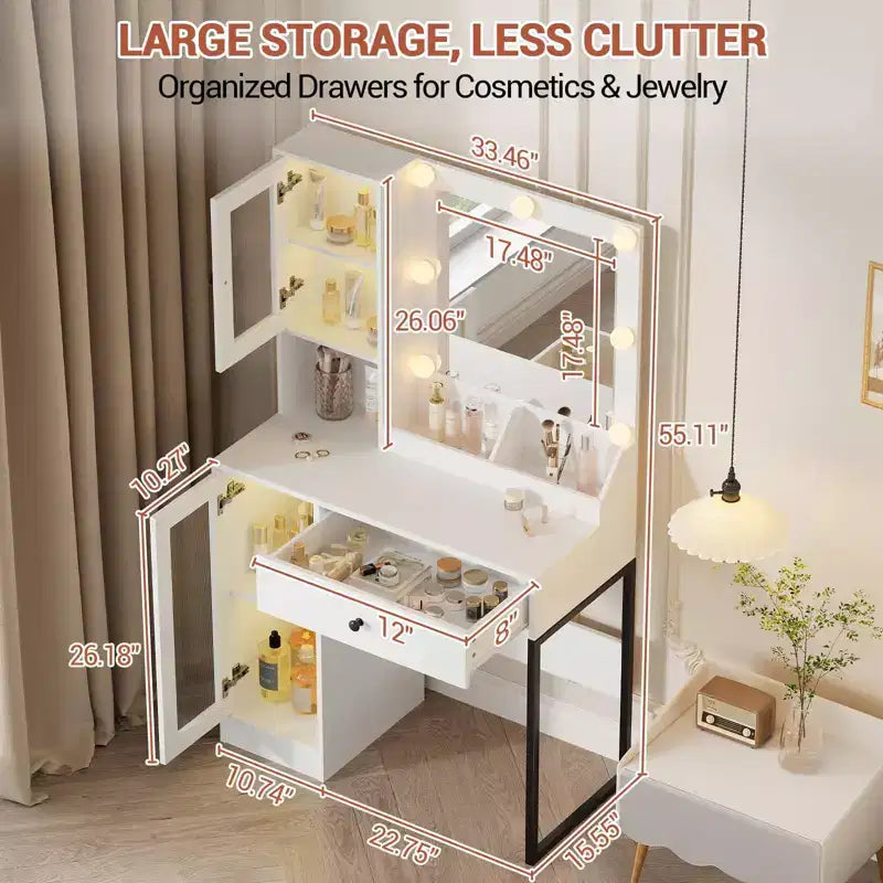 Makeup Vanity Desk with Mirror and Lights, Vanity Table with Charging Station, RGB Lights Wood Dressing Table for Bedroom, for Girls