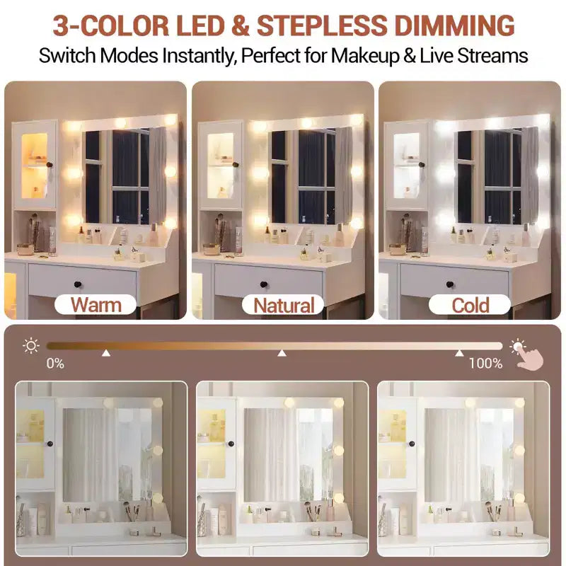 Makeup Vanity Desk with Mirror and Lights, Vanity Table with Charging Station, RGB Lights Wood Dressing Table for Bedroom, for Girls
